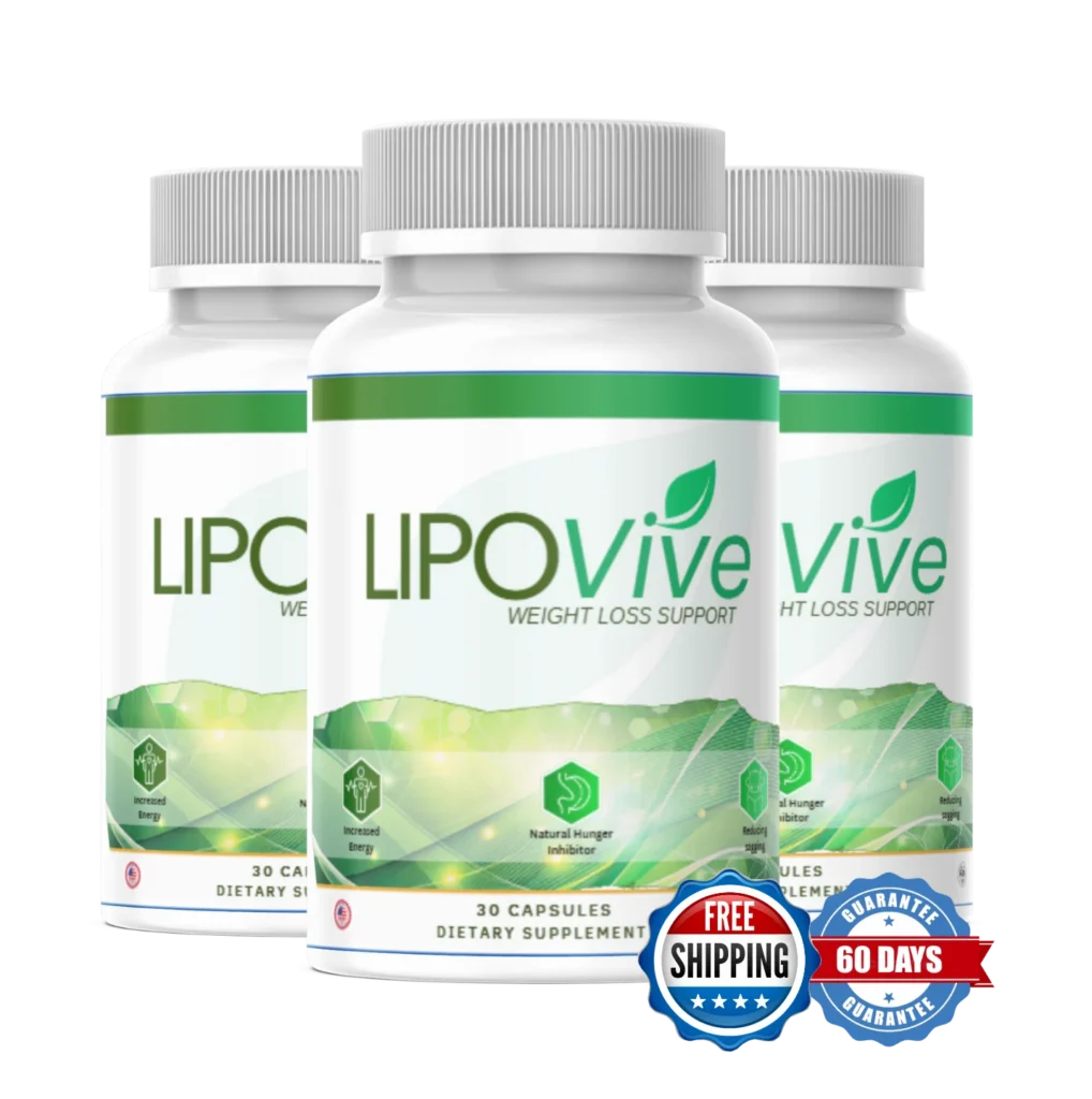 Three white bottles of LIPO Vive Weight Loss Support dietary supplement, 30 capsules per bottle, featuring green labels with icons for 'Increased Energy' and 'Natural Hunger Inhibitor', plus 'FREE SHIPPING' and '60 DAYS GUARANTEE' seals
