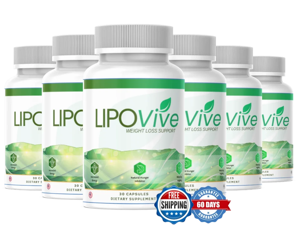 Six white bottles of LIPO Vive Weight Loss Support dietary supplement, 30 capsules per bottle, featuring green labels with icons for 'Increased Energy' and 'Natural Hunger Inhibitor', plus 'FREE SHIPPING' and '60 DAYS GUARANTEE' seals