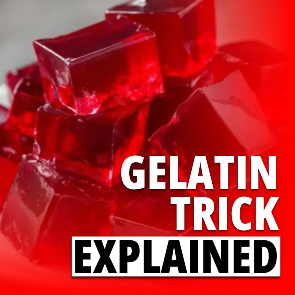 A close-up view of stacked, bright red translucent gelatin cubes. Large white text overlay reads 'GELATIN TRICK' with 'EXPLAINED' in a black banner below
